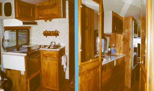 Aero Cruiser: The 29 footer: Kitchen area viewed from front; wardrobe, vanity, and refrigerator viewed from bedroom; the bathroom is to the right.